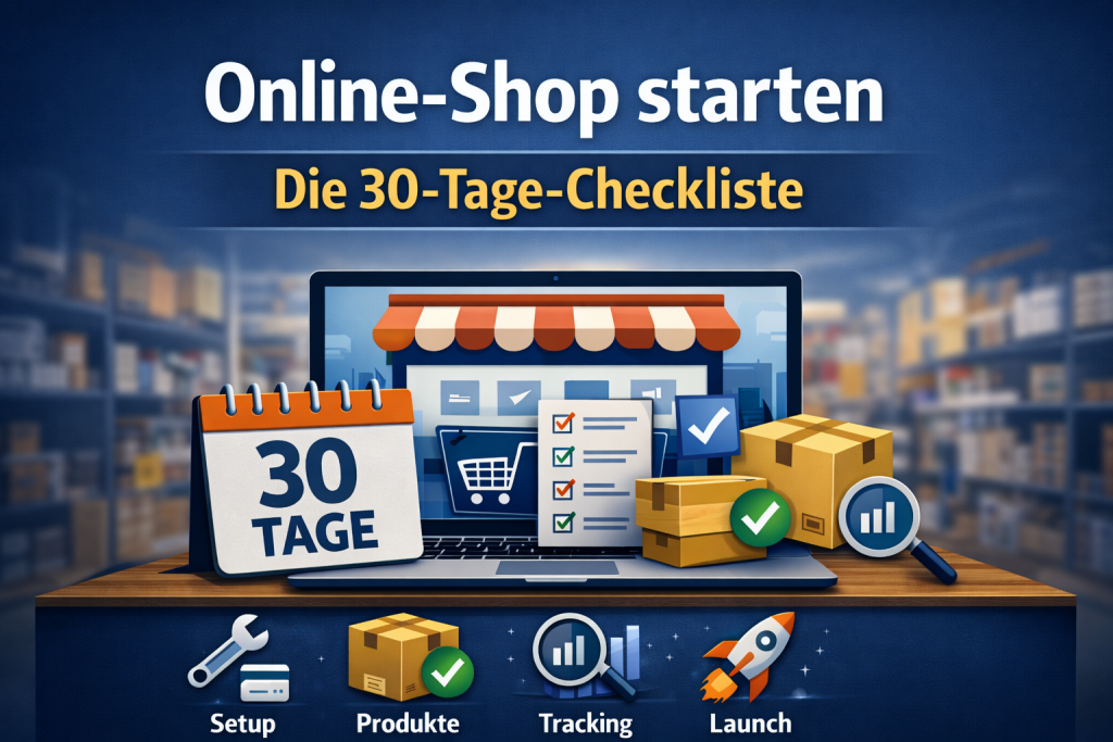Beitragsbild „Online-Shop starten – Die 30-Tage-Checkliste“ mit Laptop, Kalender „30 Tage“, Paketen und Icons für Setup, Produkte, Tracking und Launch.