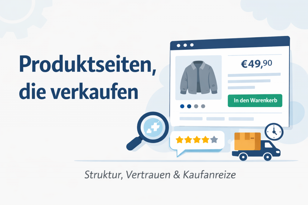 Beitragsbild „Produktseiten, die verkaufen“ mit Produktseiten-Mockup, Preis, Warenkorb-Button sowie Icons für Bewertungen, Lieferung und Vertrauen.